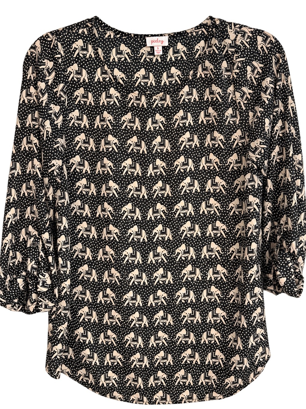 Pixley Elephant Print Blouse Small Black Cream 3/4 Sleeve Boho Top
